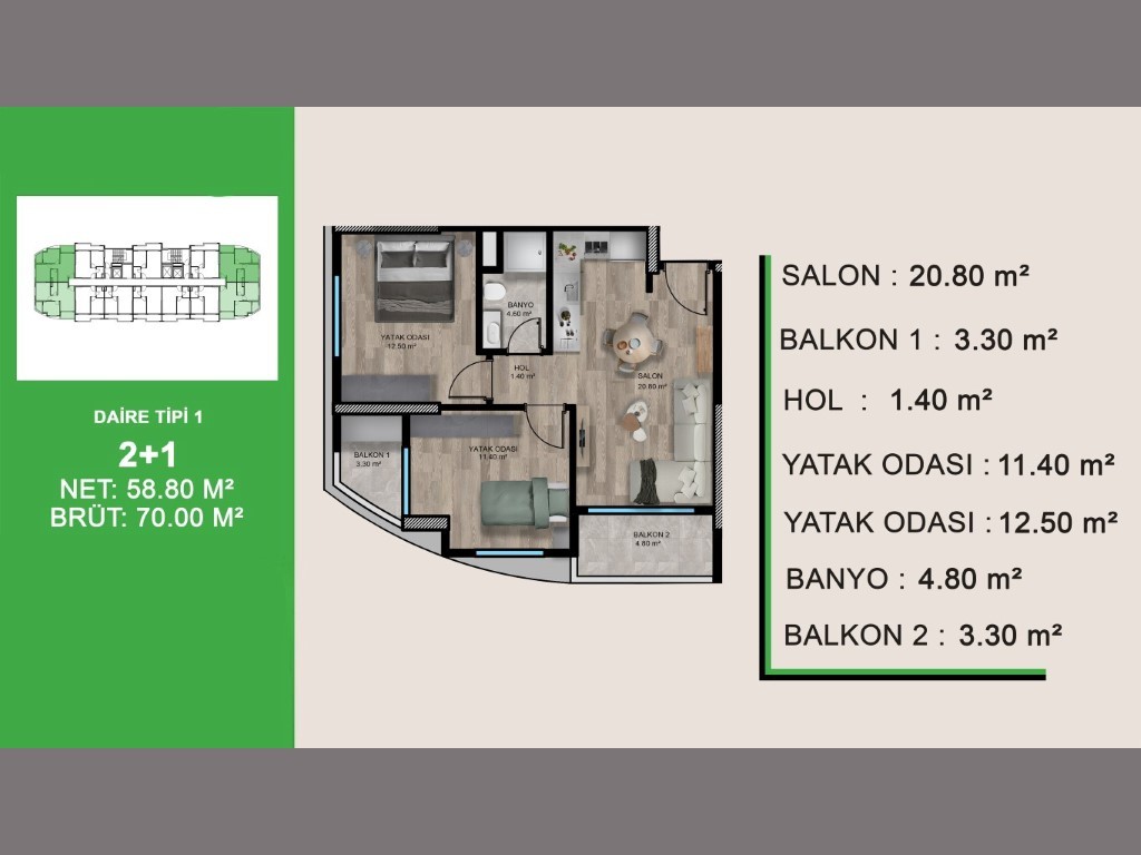 Apartment of 2+1 floor area 70 m2, district Tej - Фото 19